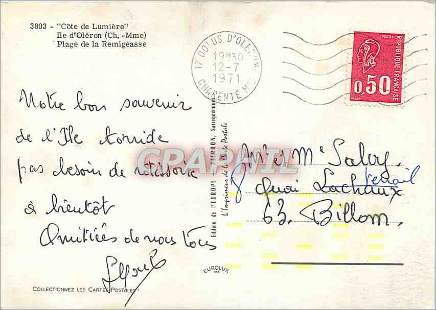 CPM Ile d'Oleron Ch Mme Plage de la Remigeasse  — Rückseite