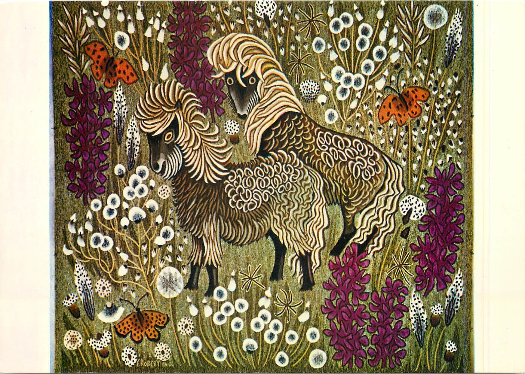 Deux alpagas dans un jardin fleuri — œuvre de Robert Dwal — édition Ateliers Suzanne Goubely