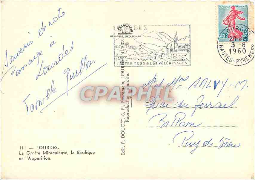 Lourdes — La Grotte Miraculeuse, la Basilique et l'Apparition — Edit. P. Doucet & Pi. Peyramale, n° III — Rückseite