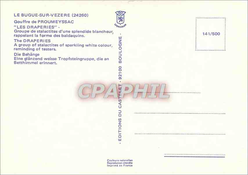 CPM Le Bugue sur Vezere Gouffre de Proumeyssac Les Draperies  — Back