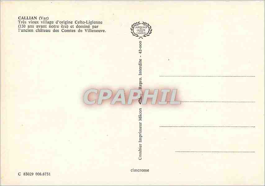 CPM Callian Var Tres vieux village d'origine Celto Ligienne  — Rückseite