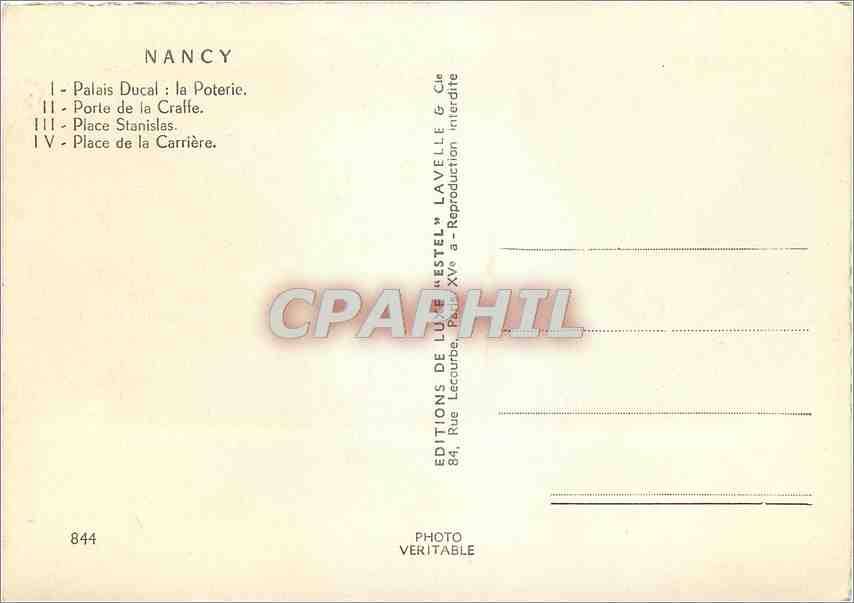 CPM Nancy Palais Ducal La Poterie Porte de la Craffe Place Stanislas — Rückseite