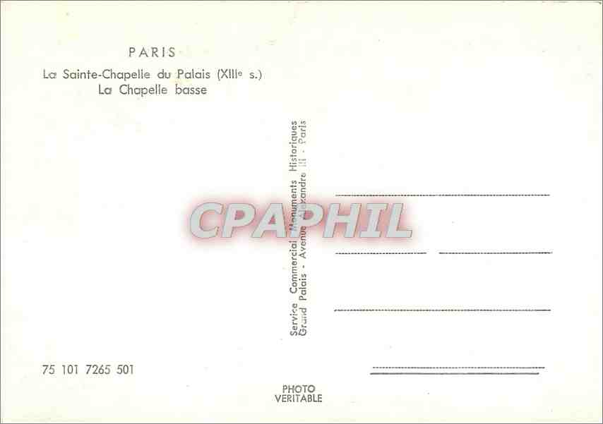 CPM Paris La Sainte Chapelle du Palais (XIIIe s) La Chapelle basse — Rückseite