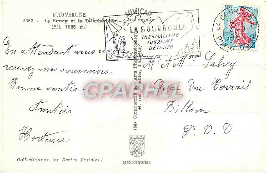 CPM L'Auvergne Le Sancy et le telepherique (alt 1886 m) — Rückseite