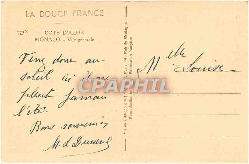 Monaco — Vue générale — La Douce France, n°127 — Rückseite
