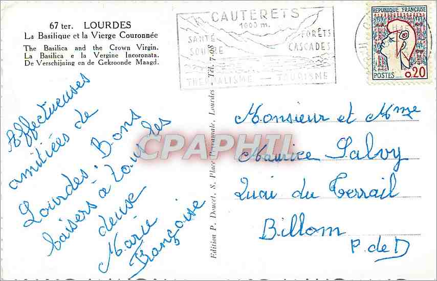 CPM Lourdes La Basilique et la Vierge Courinne — Verso