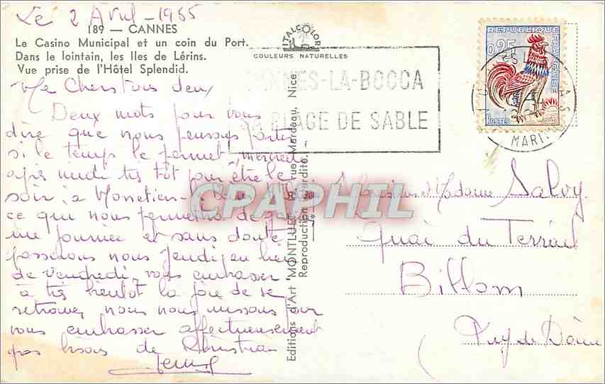 CPM Cannes Le Casino Municipal et un coin du Port — Verso