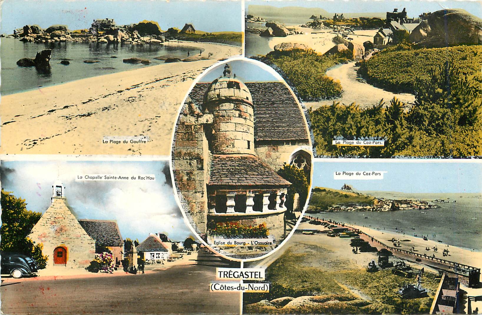 Trégastel (Côtes-du-Nord) — vue panoramique avec la chapelle Sainte-Anne, l'église du bourg, la plage du Gouffre et du Coz-Pors — éditeur Les Tirages Modernes, n° 24