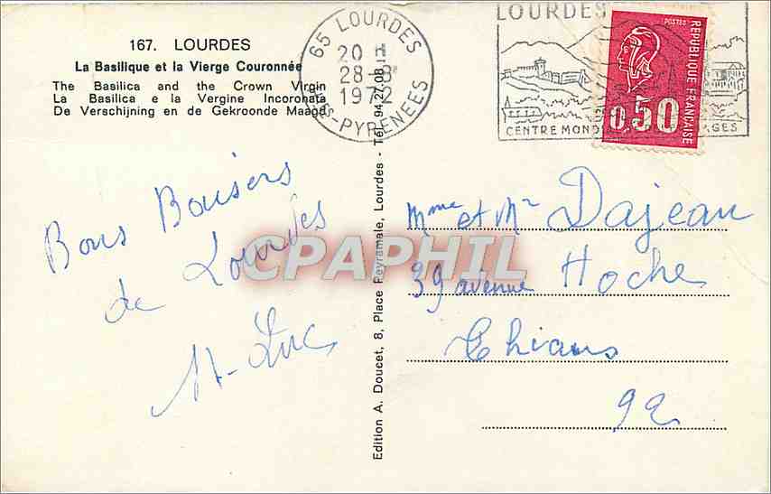 Lourdes — Basilique et la Vierge Couronnée — Édition A. Doucet — Verso