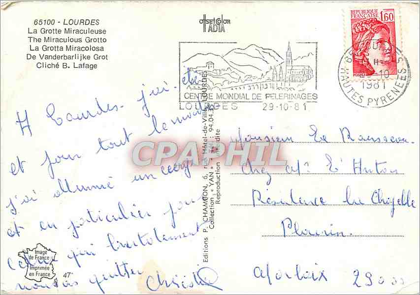 CPM Lourdes La Grotte Miraculeuse — Verso