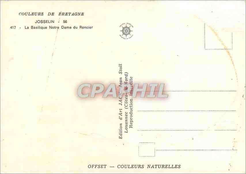 CPM Couleurs de la Bretagne Josselin La Basilique N D du Roncier — Back