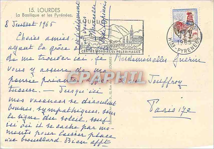 CPM Lourdes La Basilique et les Pyrenees — Verso