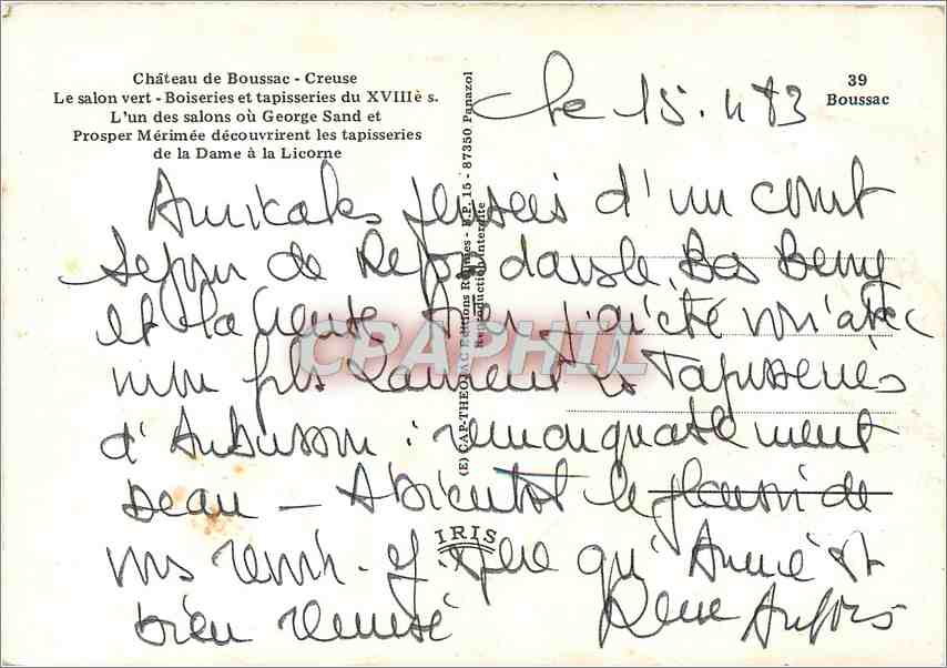 Château de Boussac - Creuse — Le salon vert avec tapissiers du XVIIIe s. — Éditeur IRIS, n°39 — Reverso