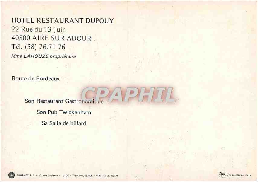 CPM Hotel Restaurant Dupouy Aire sur Adour Route de Bordeaux — Verso