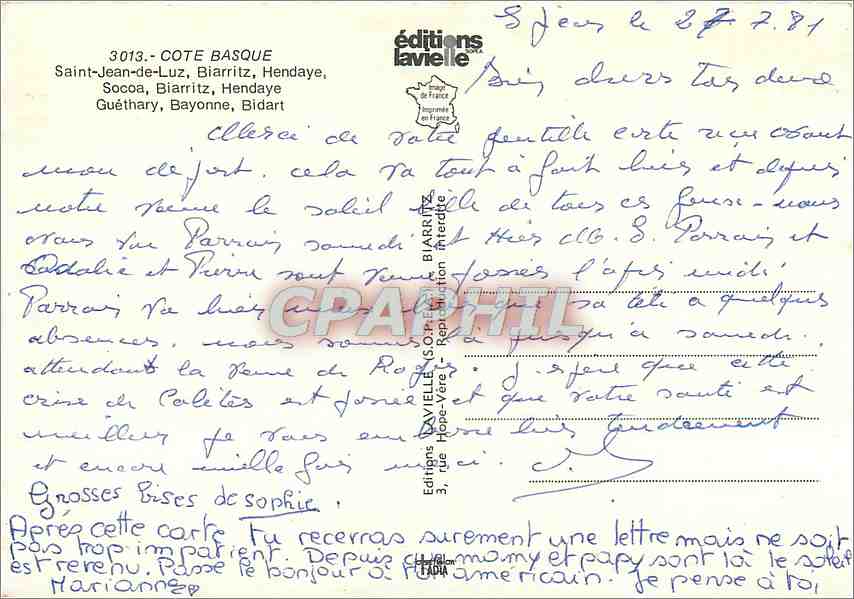 Côte Basque — vue panoramique — éditions Lavielle, n° 3013 — Rückseite