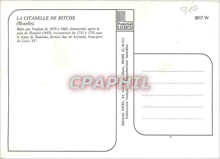 Citadelle de Bitche — Éditeur Estel, n° de série 3617 W — Rückseite