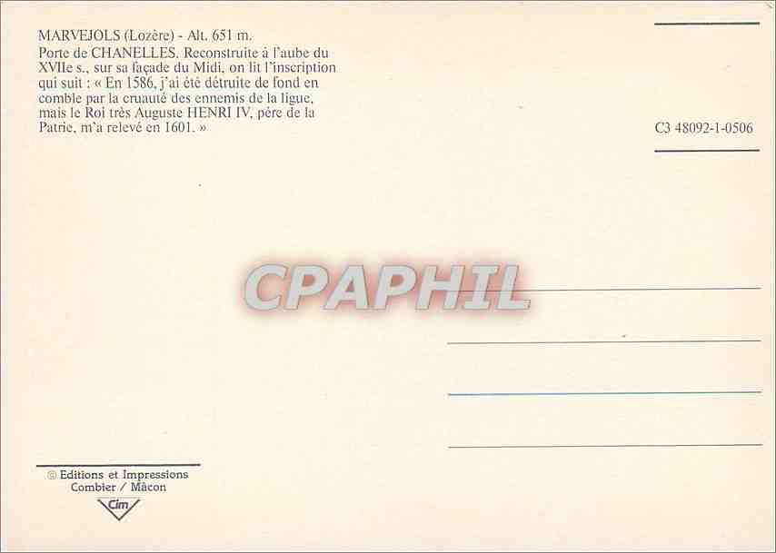 CPM Marvejols (Lozere) alt 651 m Porte de Chanelles — Rückseite