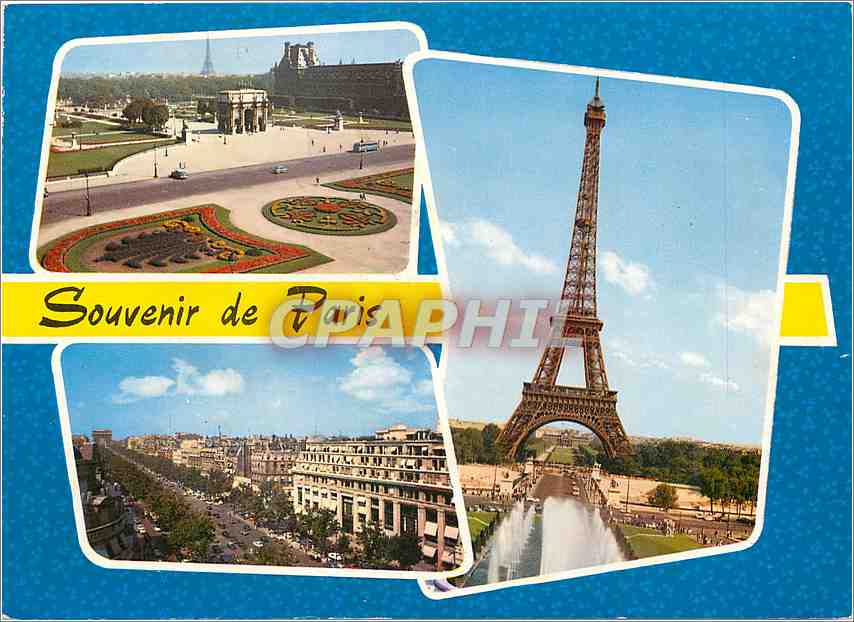 CPM Paris Le Louvre et l'Arc de Triomphe du Carrousel les Champs Elysees la Tour Eiffel