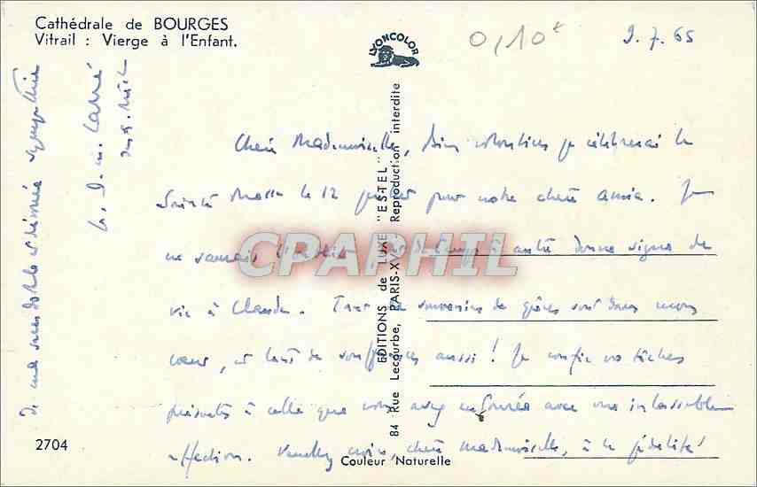 Cathédrale de Bourges — Vitrail : Vierge à l'Enfant — Éditions E. T. E. L. — Verso