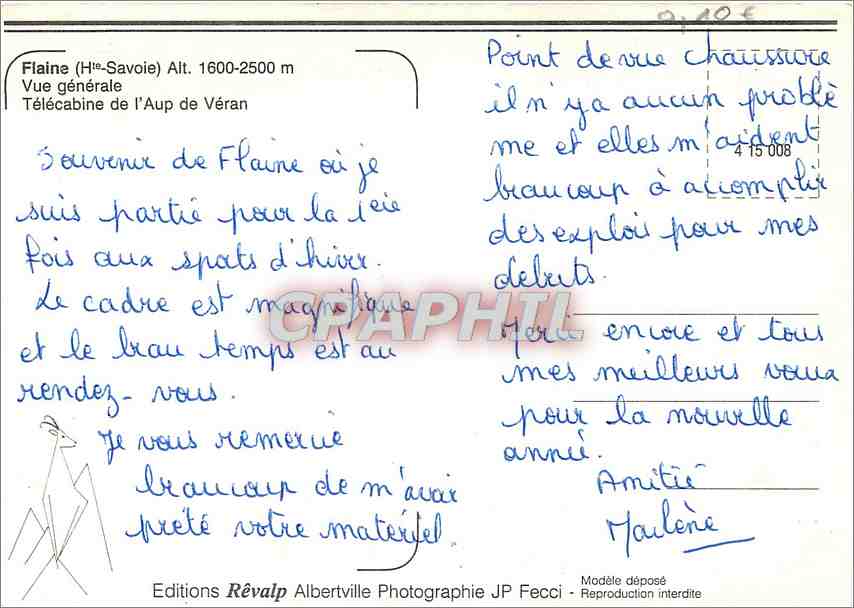 Flaine — Vue générale avec télécabine — Éditions Révalp — Verso