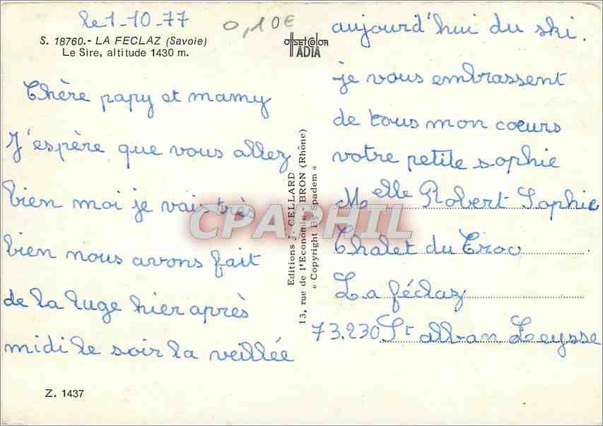 CPM La Feclaz (Savoie) Le Sire alt 1430 m Ville de Vanves — Rückseite