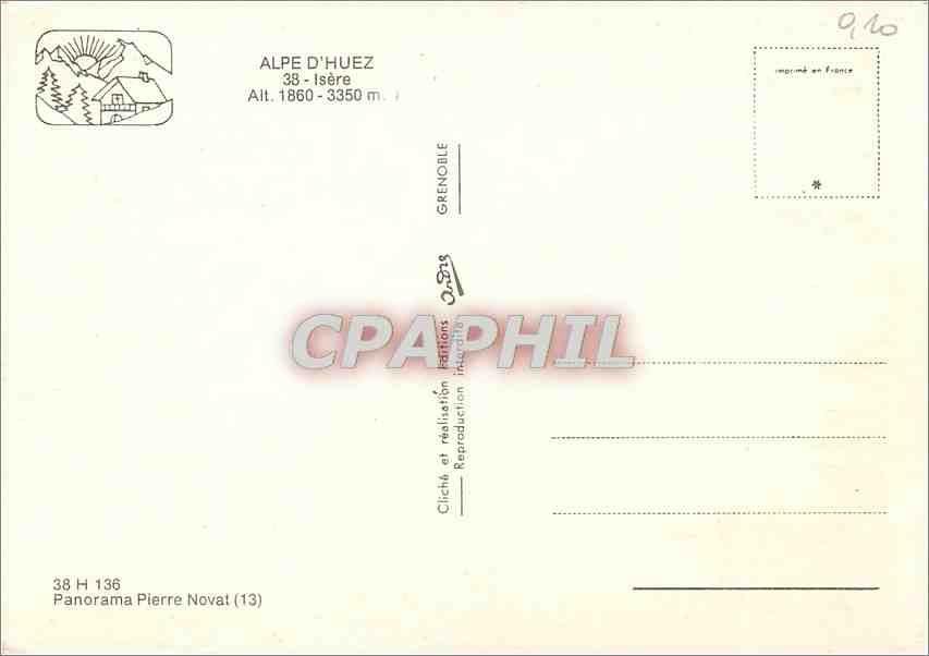 Alpe d'Huez — carte postale panoramique — Cliché et réalisation Pierre Novat (13) — Rückseite
