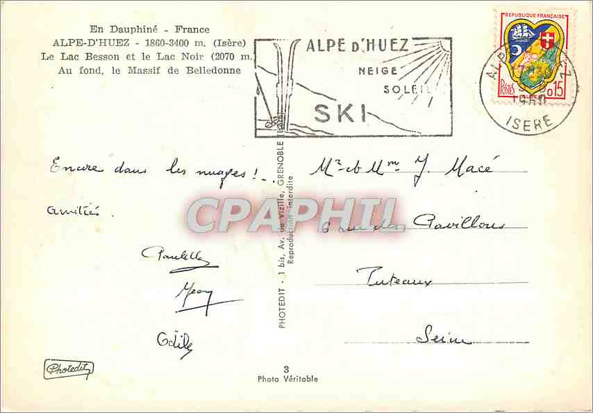 CPM En Dauphine France Alpe d'Huez 186+0 3400m (Isere) Le Lac Besson et le Lac Noir (2070 m)au fond  — Rückseite