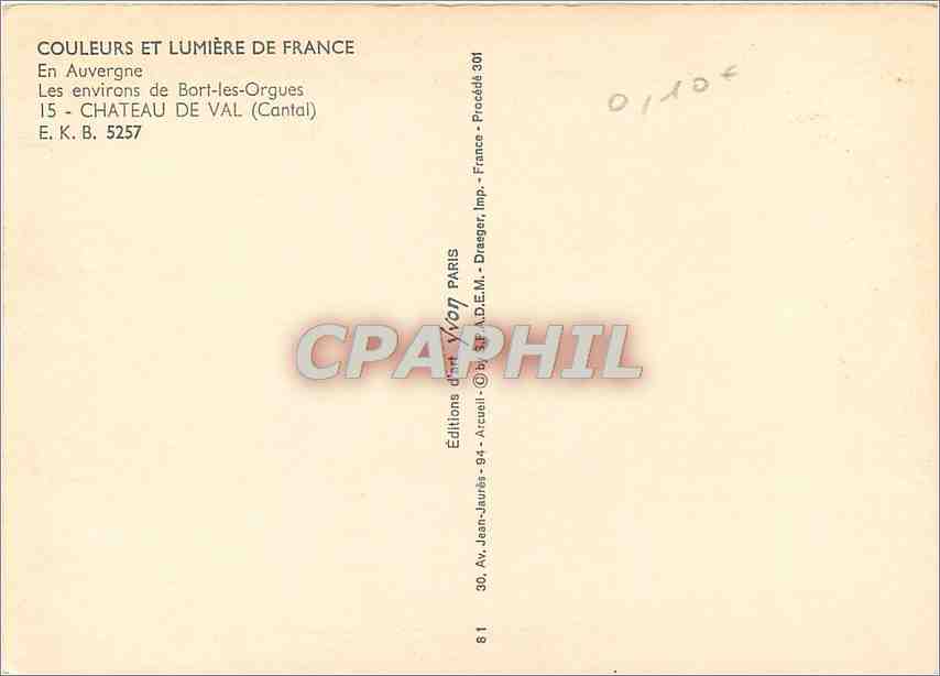 CPM En Auvergne Les environs de Bort les Orgues Chateau de Val (Cantal) — Verso