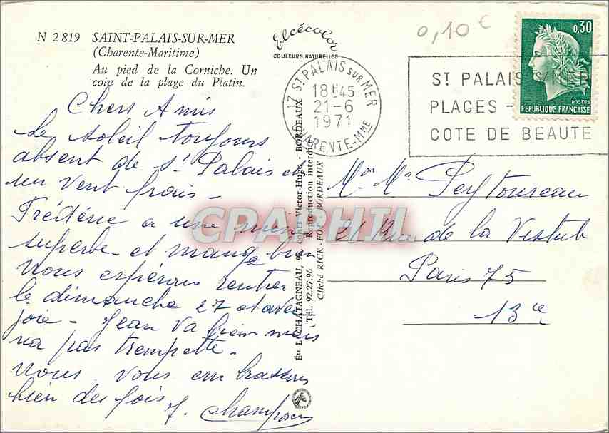 CPM Saint Palais sur Mer (Chte Mme) Au pied de la corniche coin de la plage du Platin — Verso