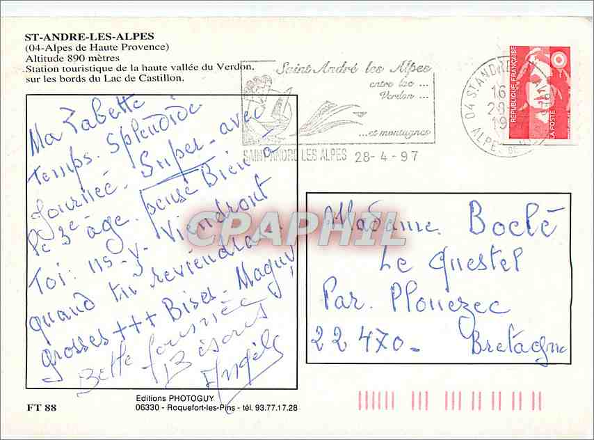CPM St Andre les Alpes (Alpes de Haute Provence) alt 890 m Station touristique de la haute vallee du — Rückseite