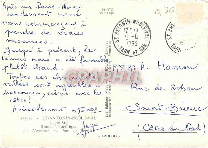 CPM Saint Antonin Noble val (T et G) Route Touristique et l'Aveyron au Pont de Serres — Rückseite