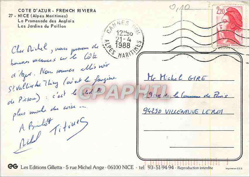 CPM Cote d'Azur French Riviera Nice (Alpes Mme) la Promenade des Anglais les Jardins du Paillon — Verso