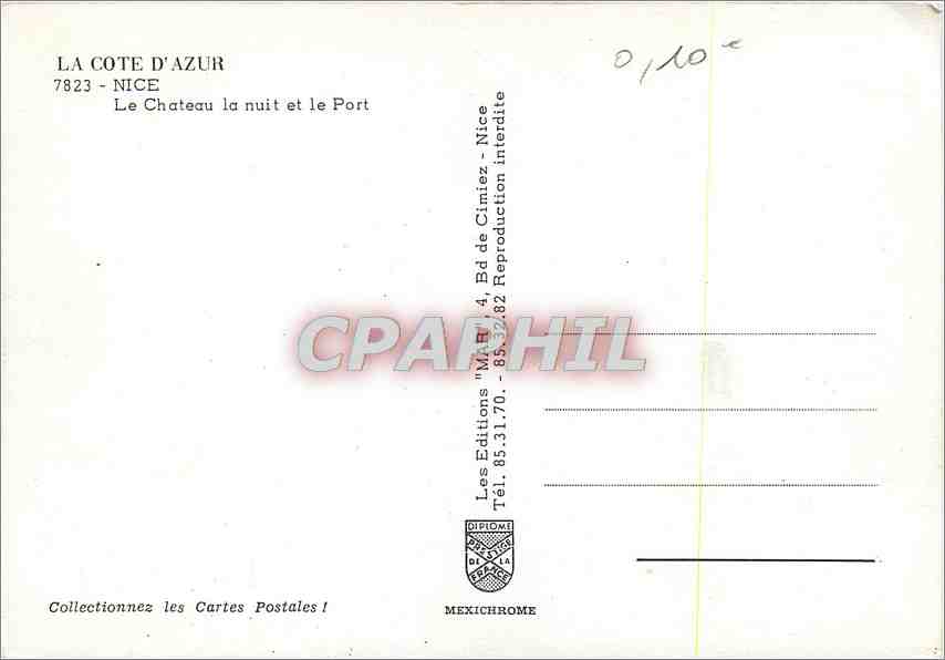 CPM La Cote d'Azur Nice Le Chateau la nuit et le Port — Rückseite