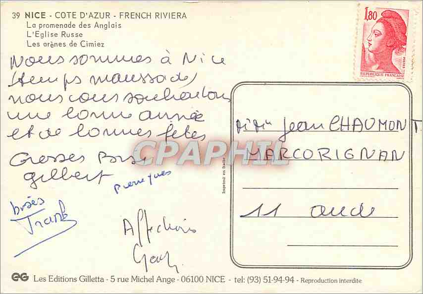 CPM Nice Cote d'Azur French Riviera La Promenade des Anglais l'Eglise russe Les arenes de Cimiez — Rückseite