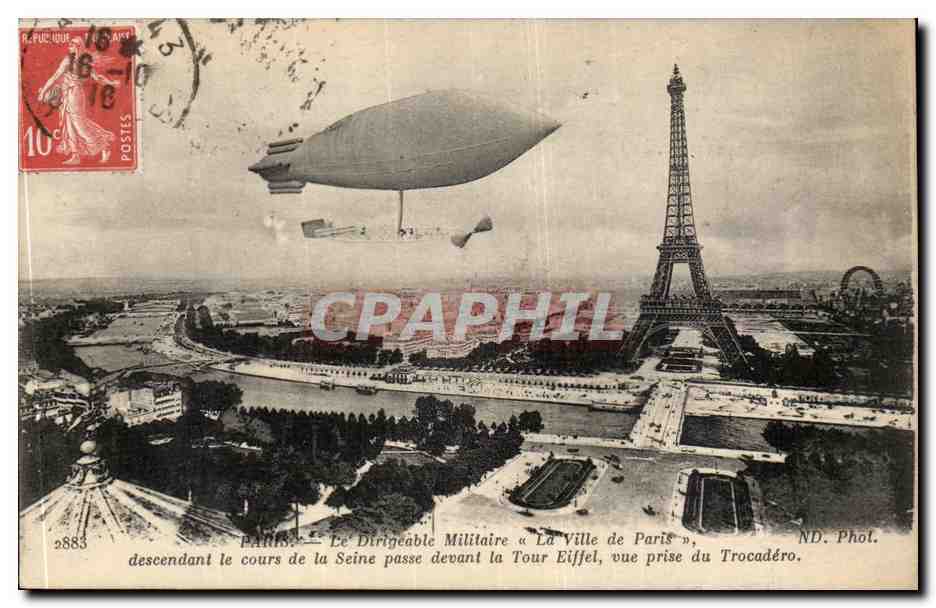 Paris CPA Le dirigeable militaire Ville de Paris Trocadero Tour Eiffel (balloon)
