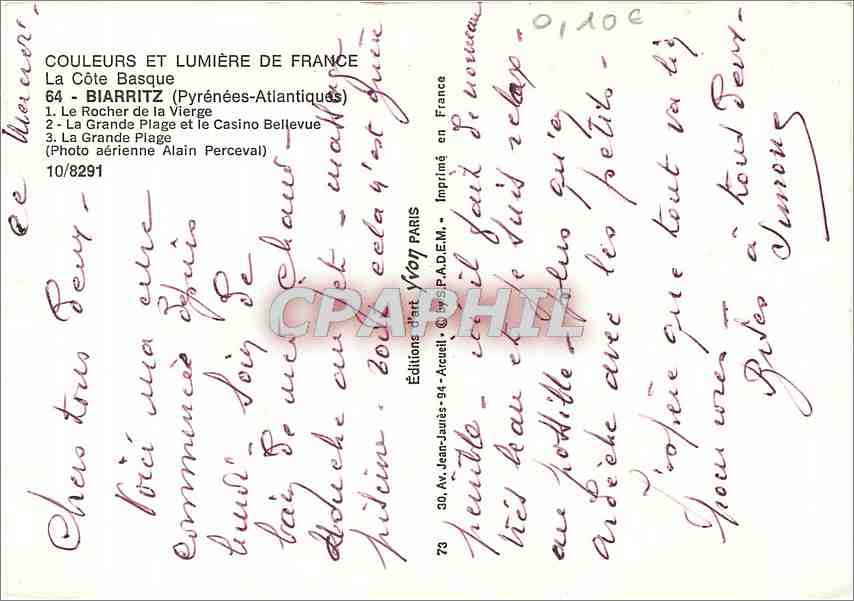 CPM Biarritz (Pyr Atl) La Cote Basque Le Rocher de la Vierge La Grande Plage et le Casino Bellevue — Verso