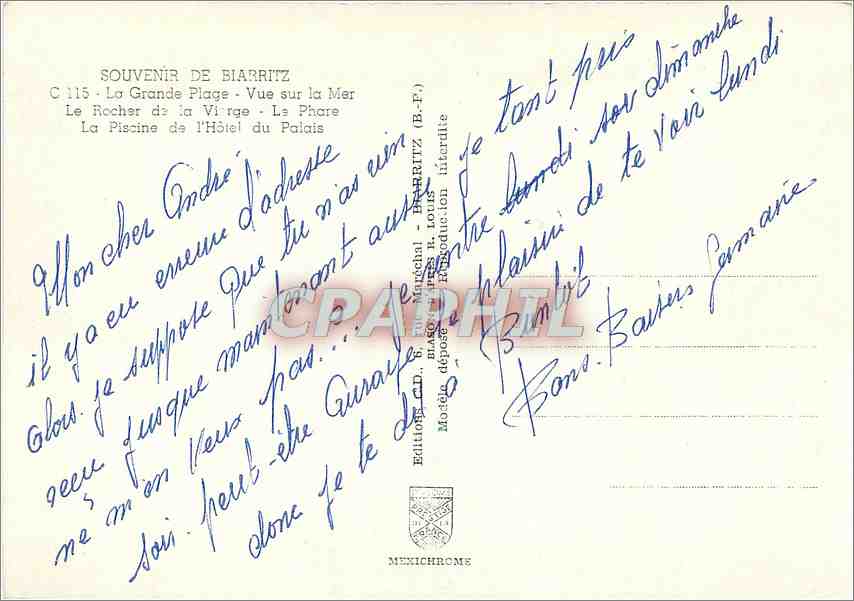 CPM Souvenir de Biarritz (Pyr Atl) La grande Plage Vue sur la Mer Le Rocher de la Vierge le Phare la — Verso
