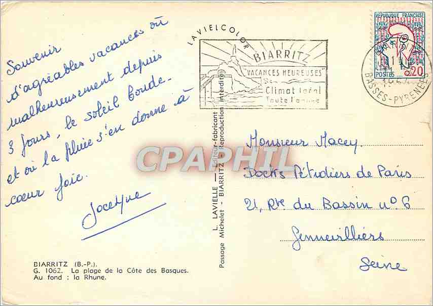 CPM Biarritz (Pyr Atl) La Plage de la cote des Basques au fond la Rhune — Verso