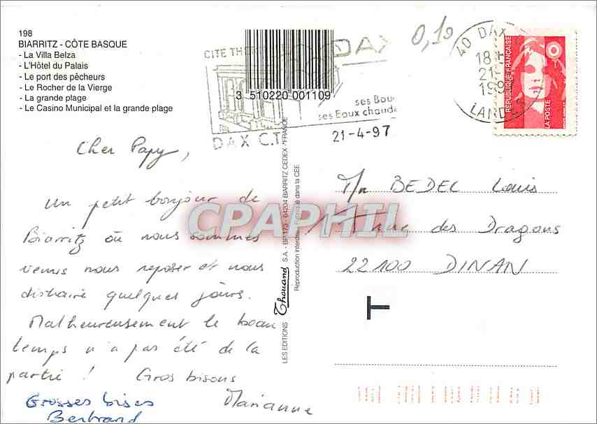 CPM Biarritz (Pyr Atl) Cote Basque La VillaBelza L'Hotel du Palais — Verso