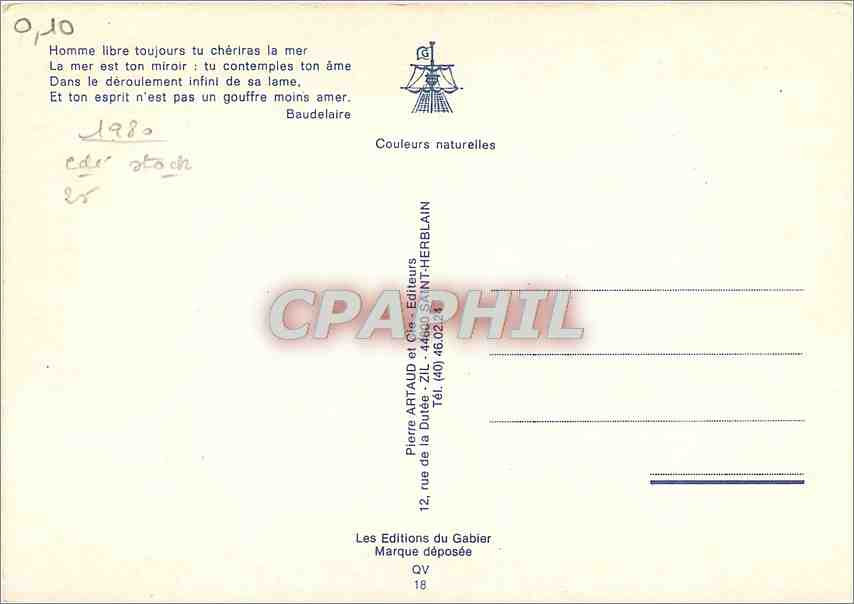 CPM Homme libre toujours tu cheriras la mer Baudelaire — Rückseite