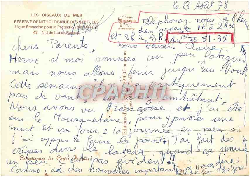 CPM Les Oiseaux de Mer Reserve Ornithilogique des Sept Iles Ligue Francaise pour la Protection des O — Verso