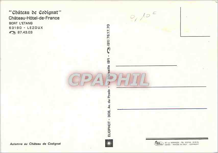 CPM Chateau de Codignat Chateau Hotel de France Bort l'Etang — Rückseite