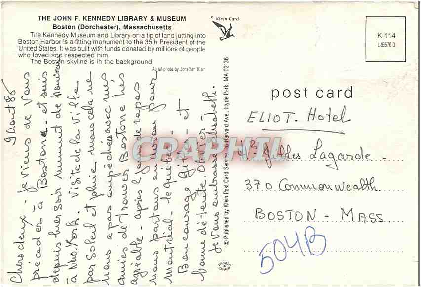 CPM The John F Kennedu Library Museum Boston (Dorchester) Massachusetts — Rückseite