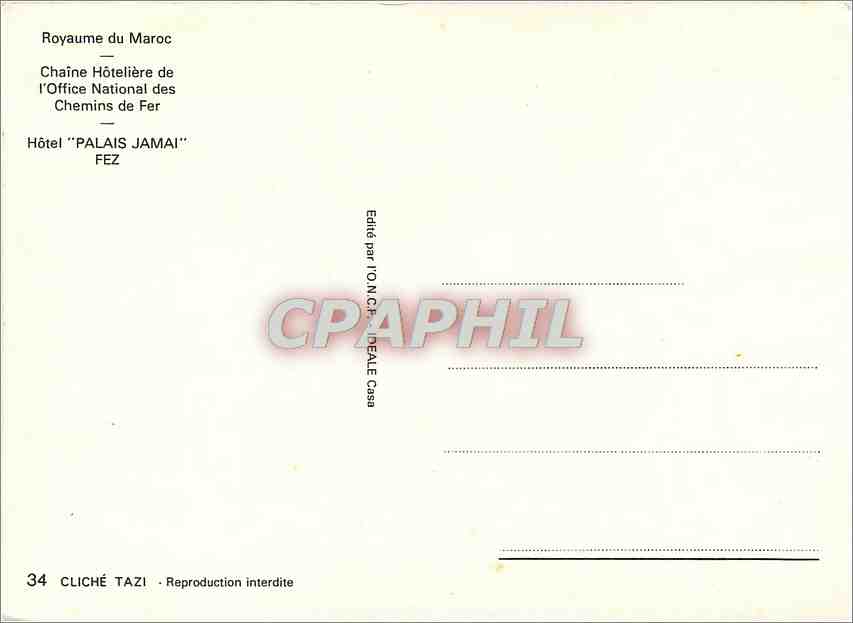 CPM Royaume du Maroc Chaine Hoteliere de l'Office National des Chemins de Fer — Rückseite
