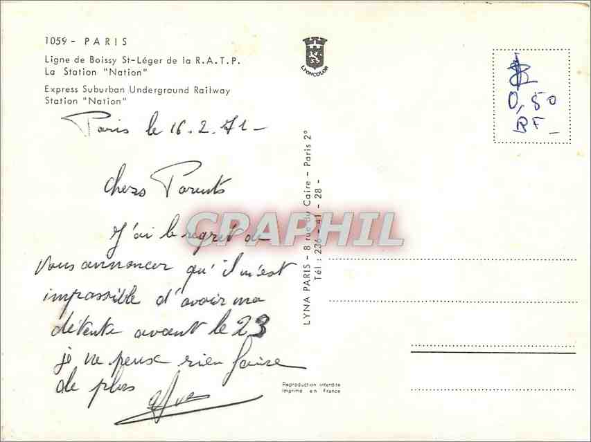 CPM Paris Ligne de Boissy St Leger de la R A T P la Station Nation  — Rückseite