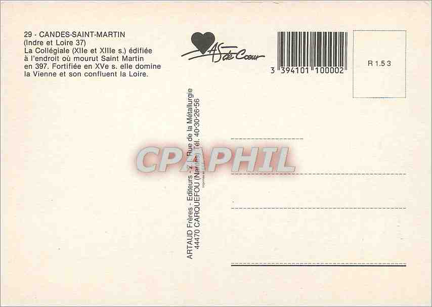 CPM Candes Saint Martin (Indre et Loire) LaCollegiale (XIIe et XIIIe s) edifiee a l'endroit ou mouru — Rückseite