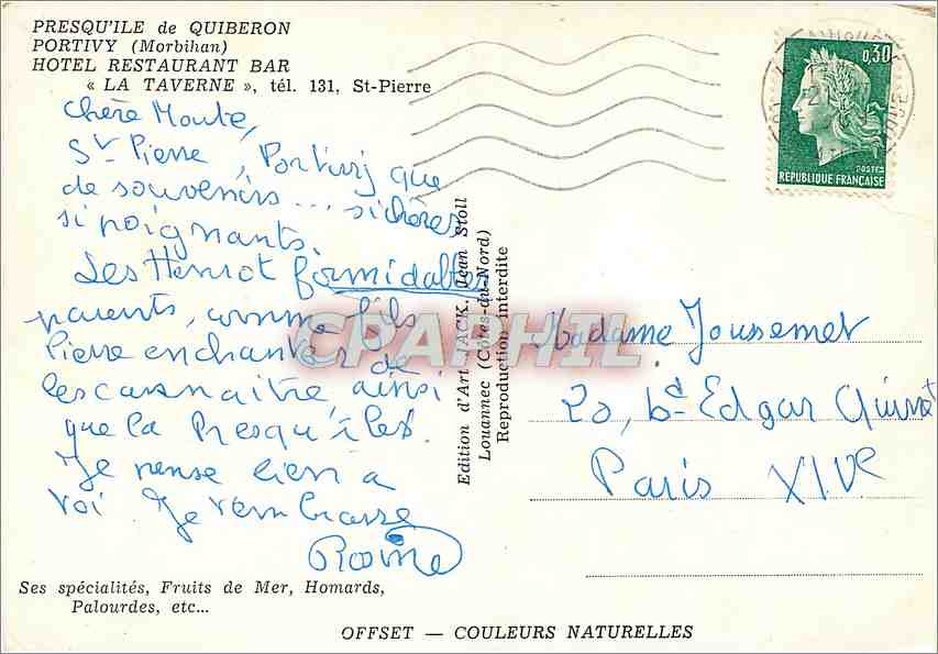 Presqu'île de Quiberon — Hotel Restaurant « La Taverne » — Édition d'Art Jack, Louvaince (Côte-d'Or) — Verso
