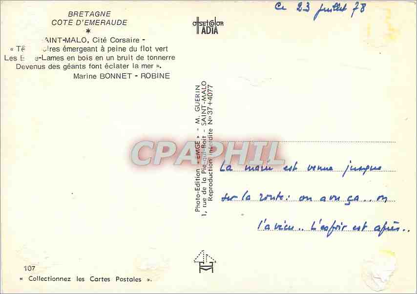 CPM Bretagne Cote d'Emeraude Saint Malo Cite Corsaire — Rückseite