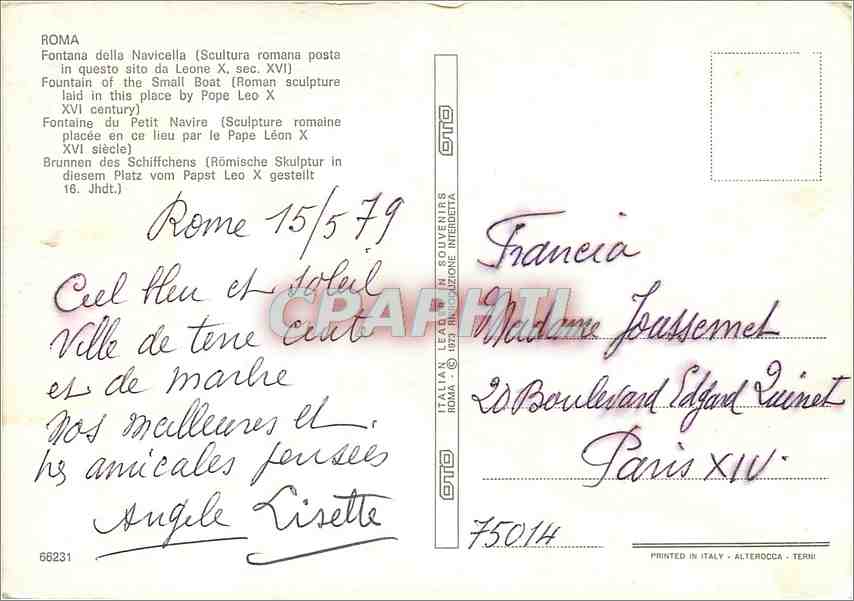 CPM Roma Fontaine du Petit Navire (Scupture romaine placee en ce lieu par le Pape Leon X XVI s — Rückseite