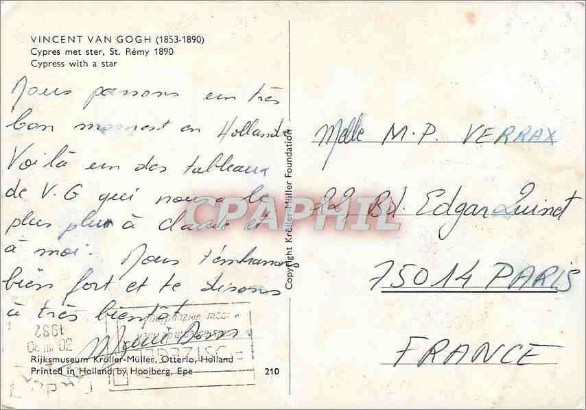 CPM Vincent Van Gogh (1853 1890) Cypres met ster St Remy 1890 — Rückseite